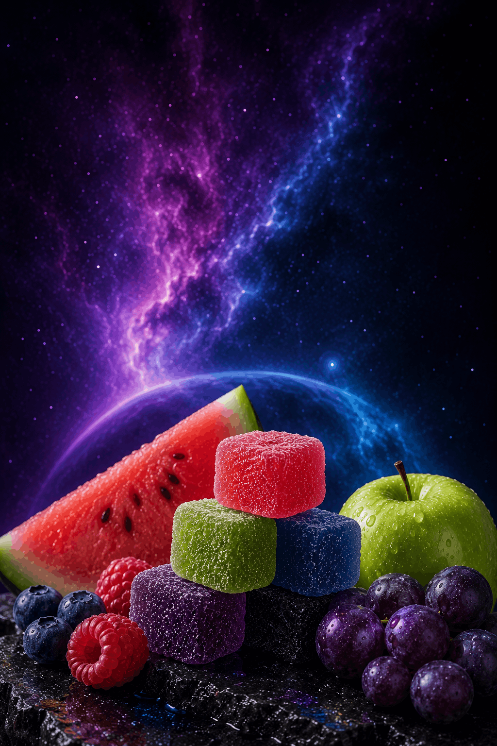 Space Bug Magic Mushroom Gummies package and fruit-flavoured gummies
