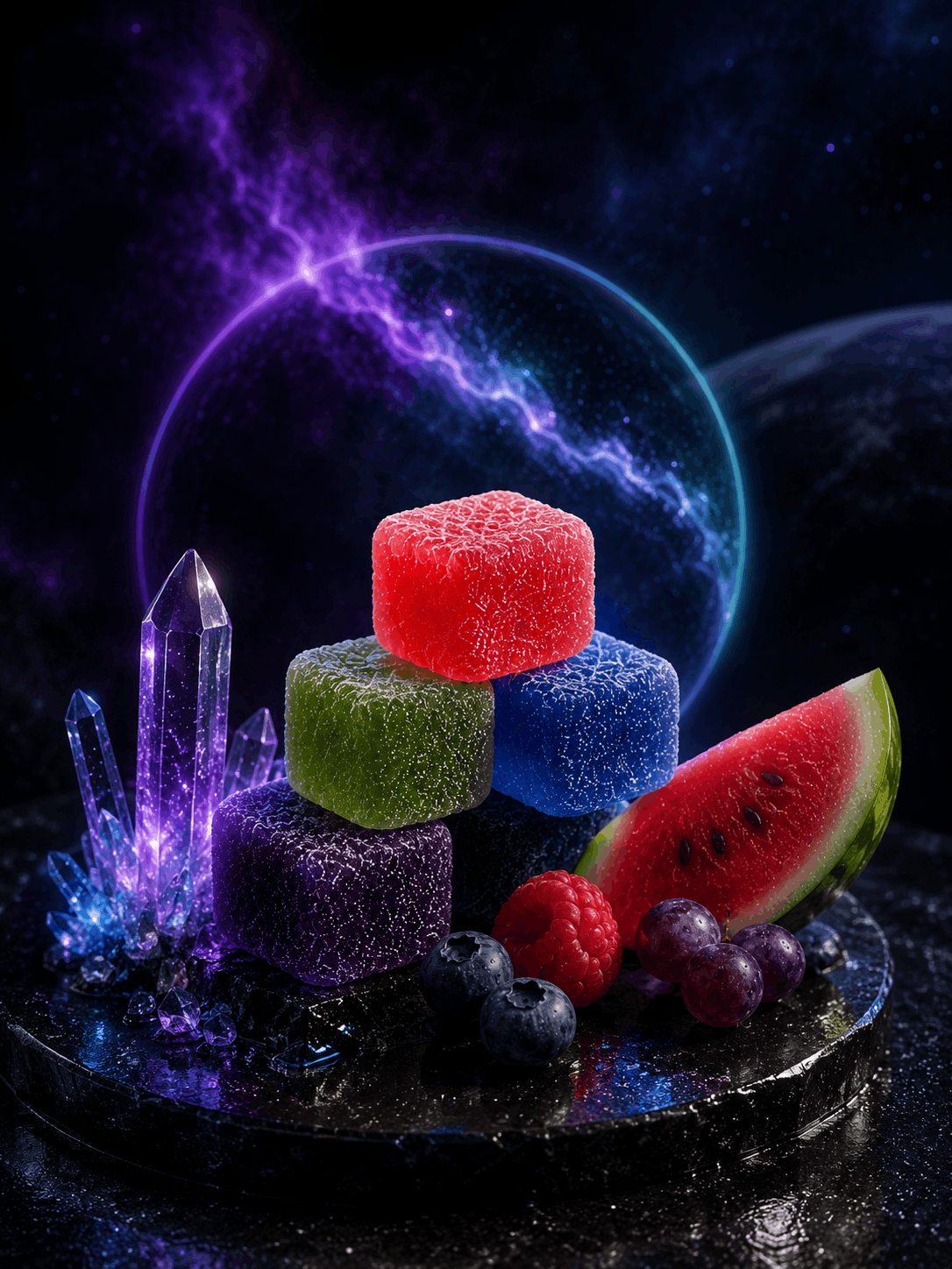 Close-up of Space Bug fruit-flavoured mushroom gummies