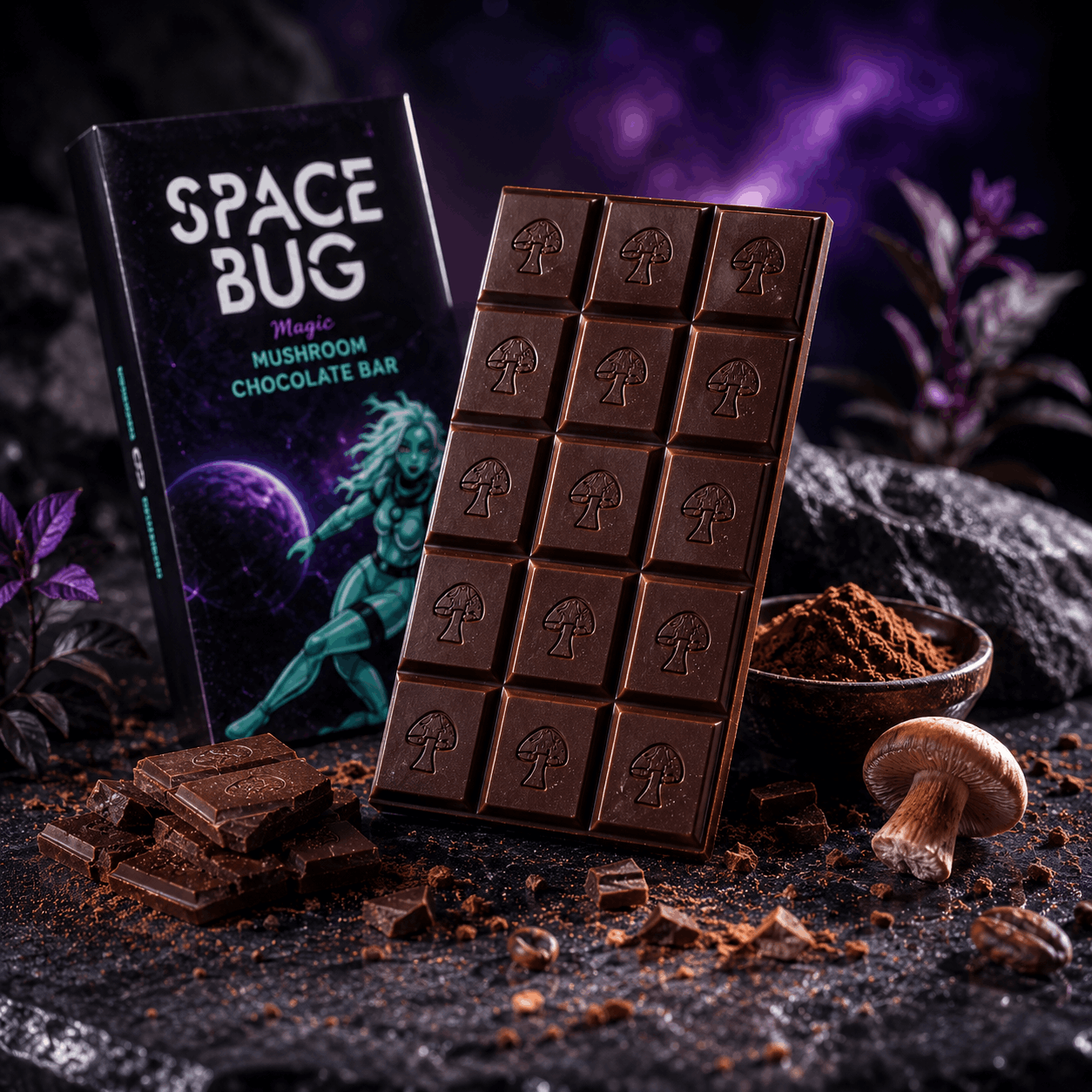 Space Bug mushroom chocolate bar with portioned chocolate pieces