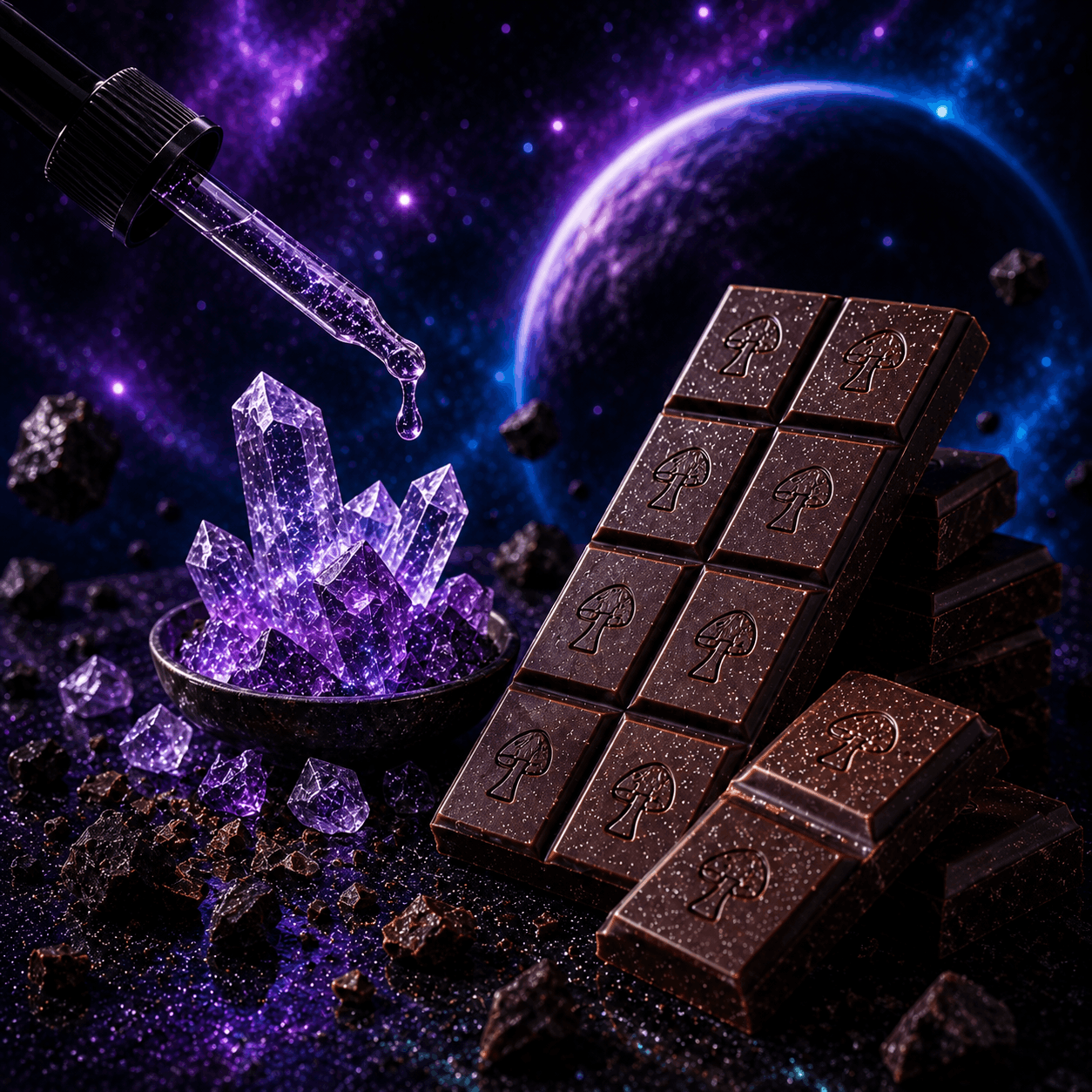 Chocolate pieces and Magic Extract Crystal inspired visual