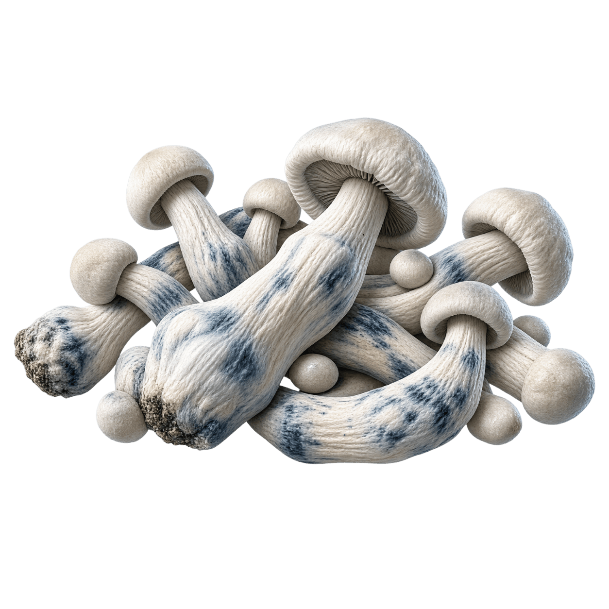 Close-up of dried Albino Penis Envy mushrooms