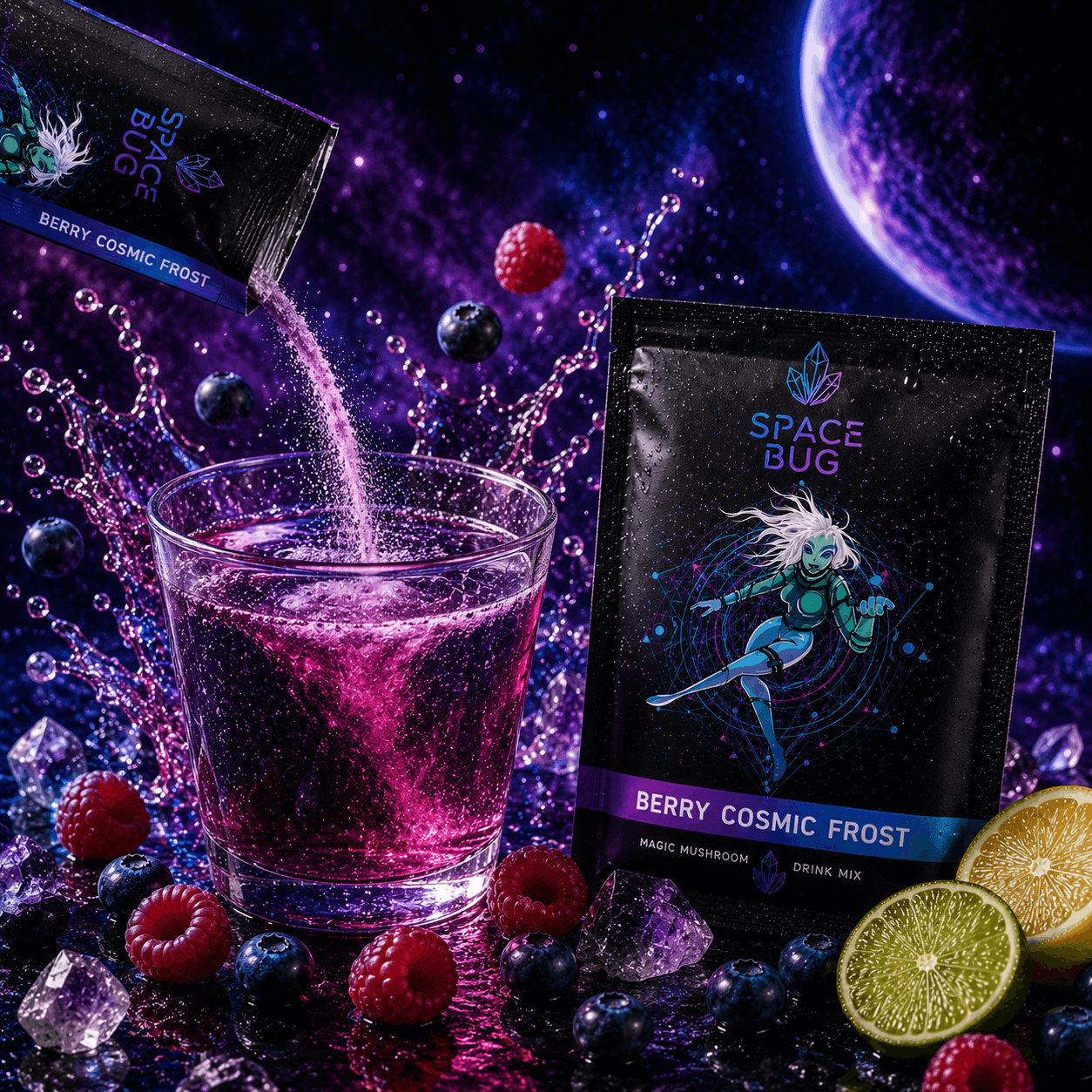 Berry Cosmic Frost mushroom tea drink mix by Space Bug