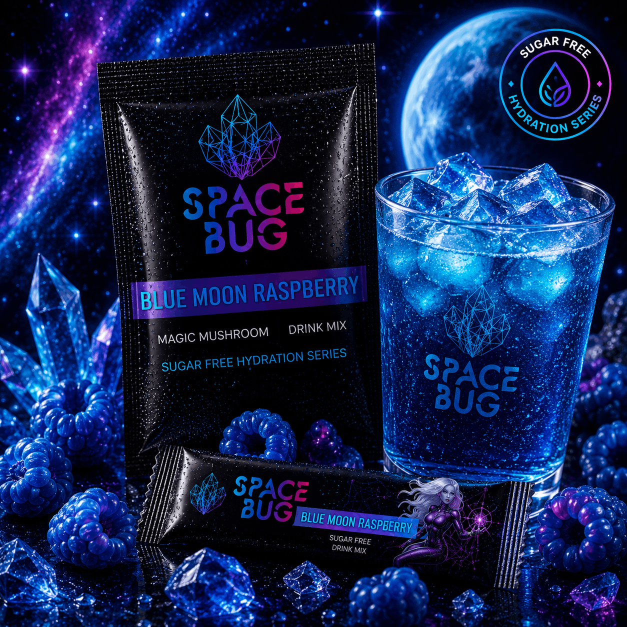 Blue Moon Raspberry shroom tea drink mix by Space Bug