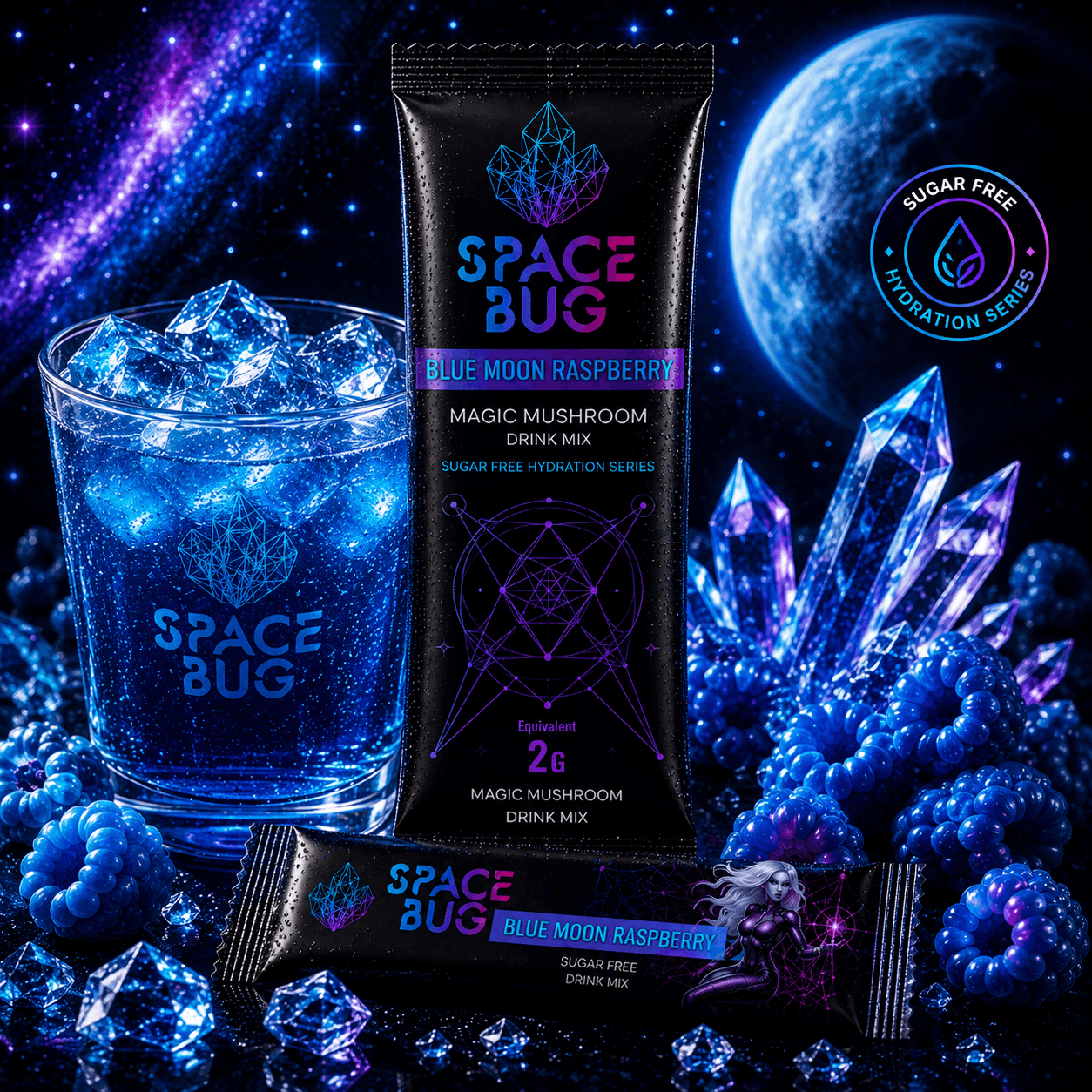 Blue raspberry shroom tea drink mix in a water-soluble format