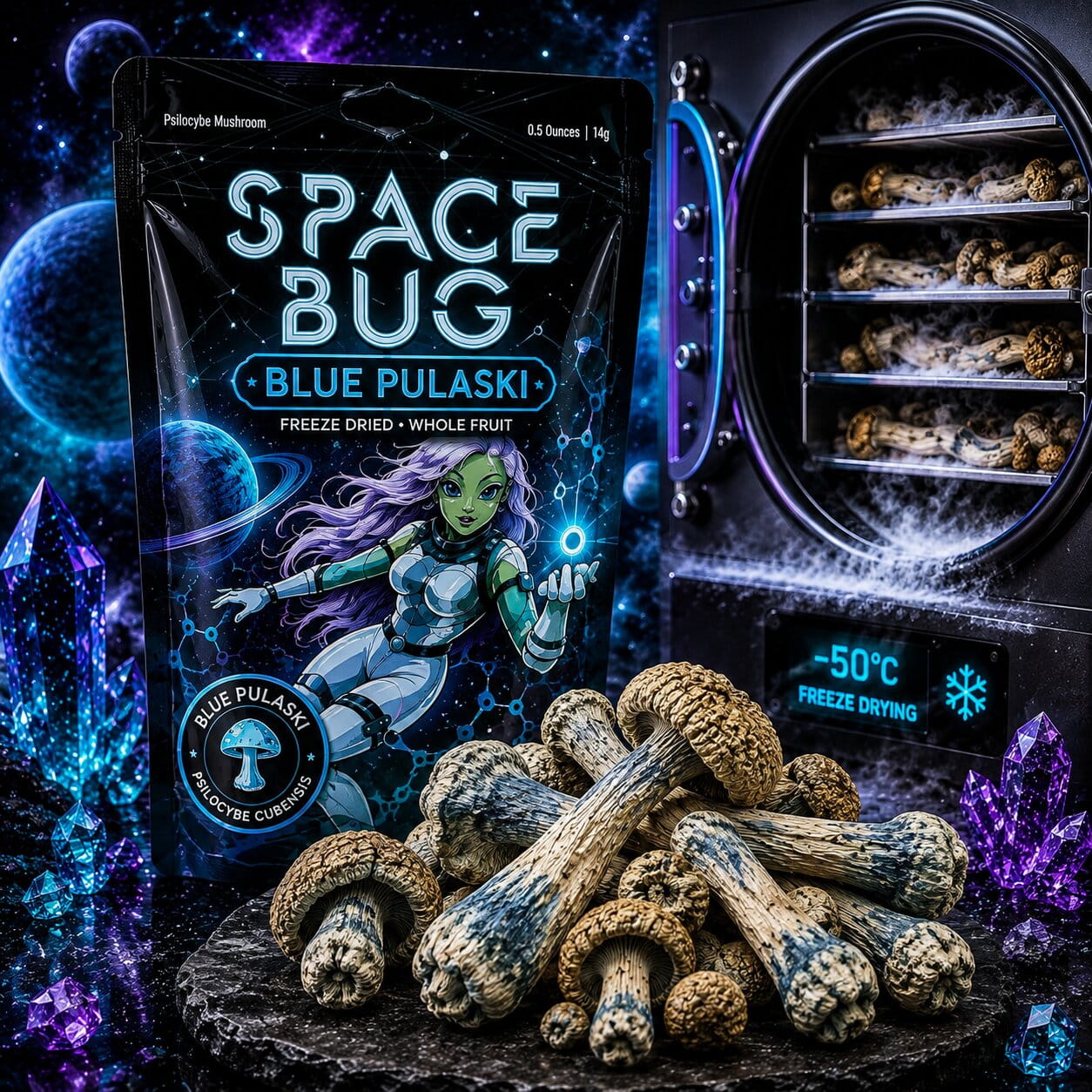 Close-up of freeze-dried Blue Pulaski mushrooms