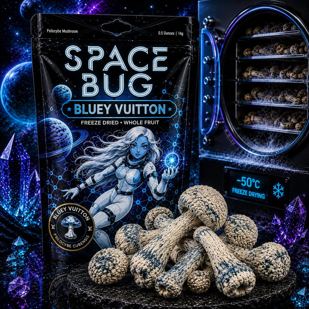 Freeze-dried Bluey Vuitton mushrooms and freeze drying process