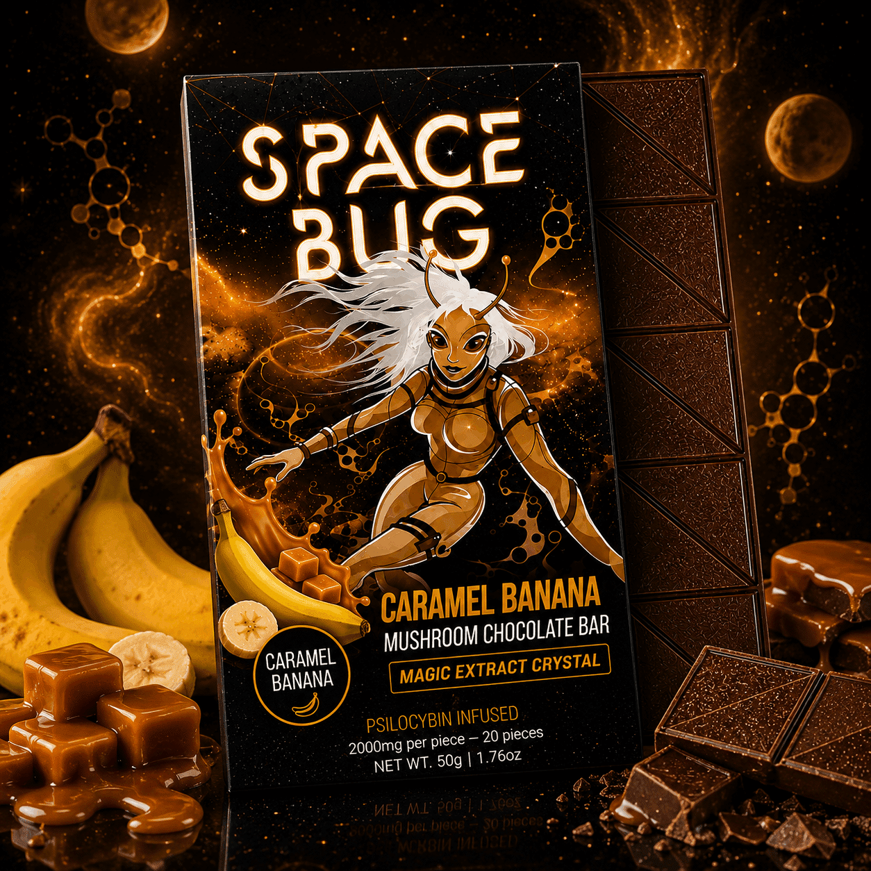 Caramel Banana mushroom chocolate bar and Space Bug packaging
