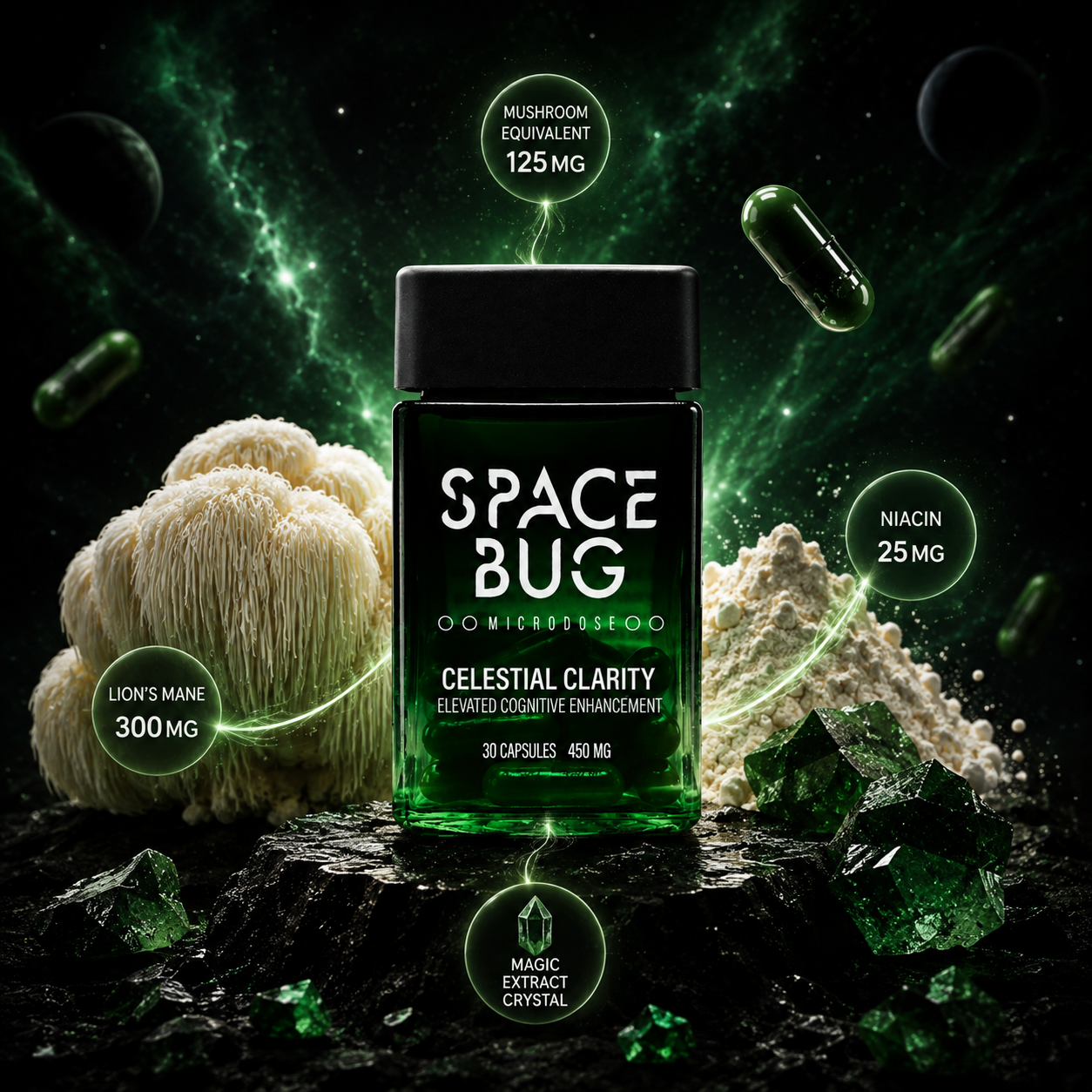 Close-up of Space Bug magic mushrooms capsules