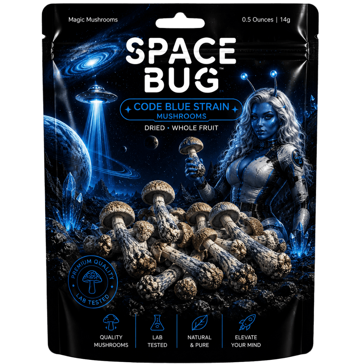 Traditionally dried Code Blue mushrooms whole fruit