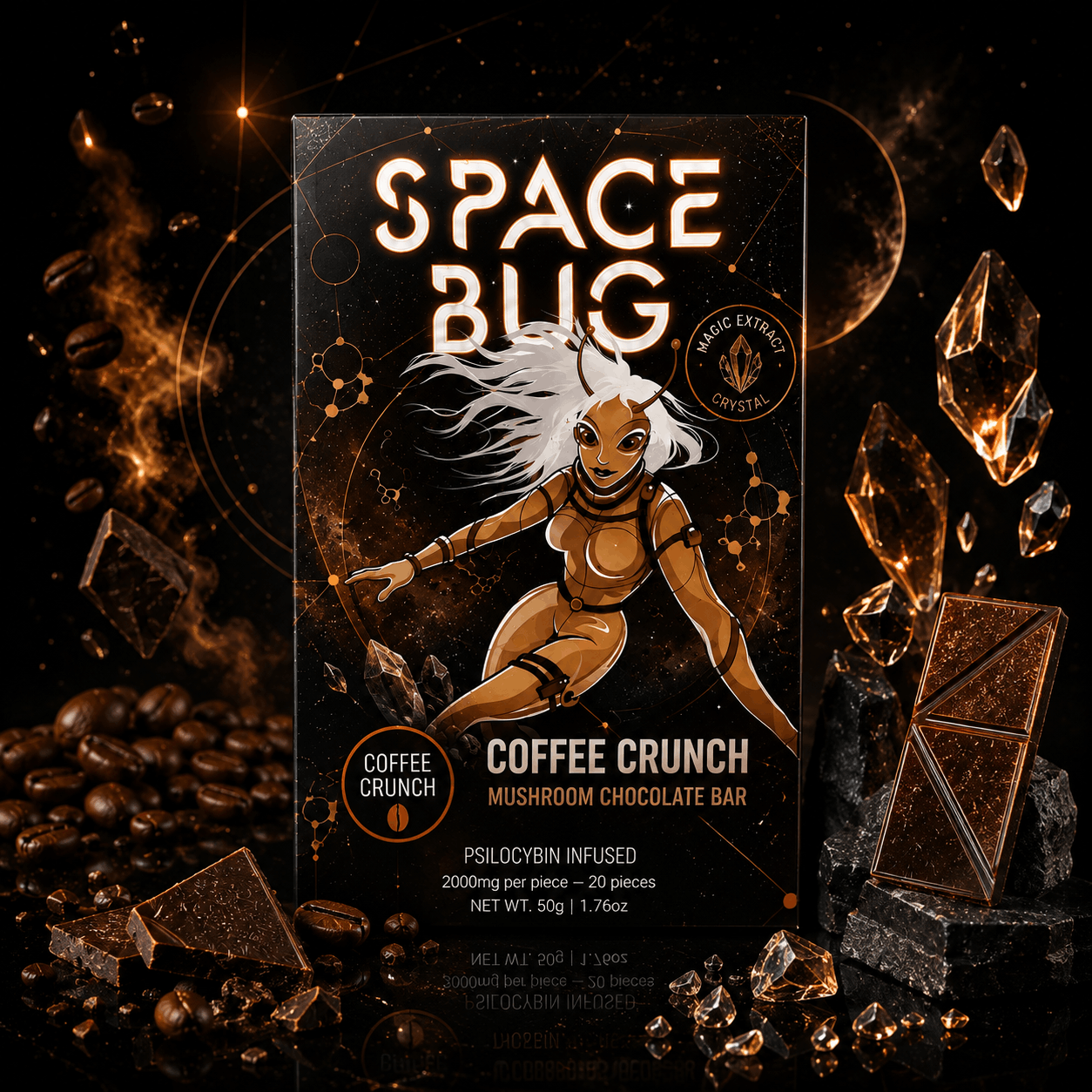 Coffee Crunch chocolate bar with Space Bug packaging