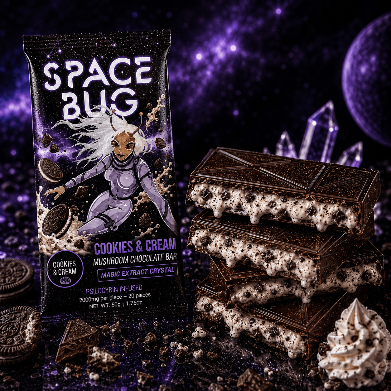 Cookies and cream chocolate bar with Space Bug packaging