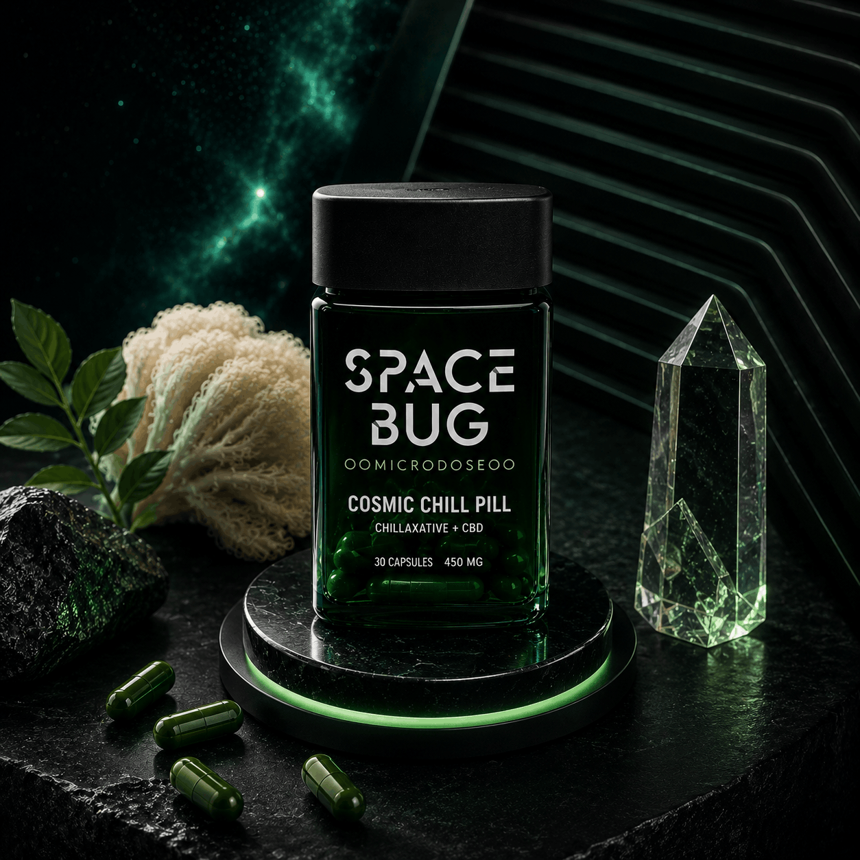 Close-up of Space Bug magic mushrooms capsules