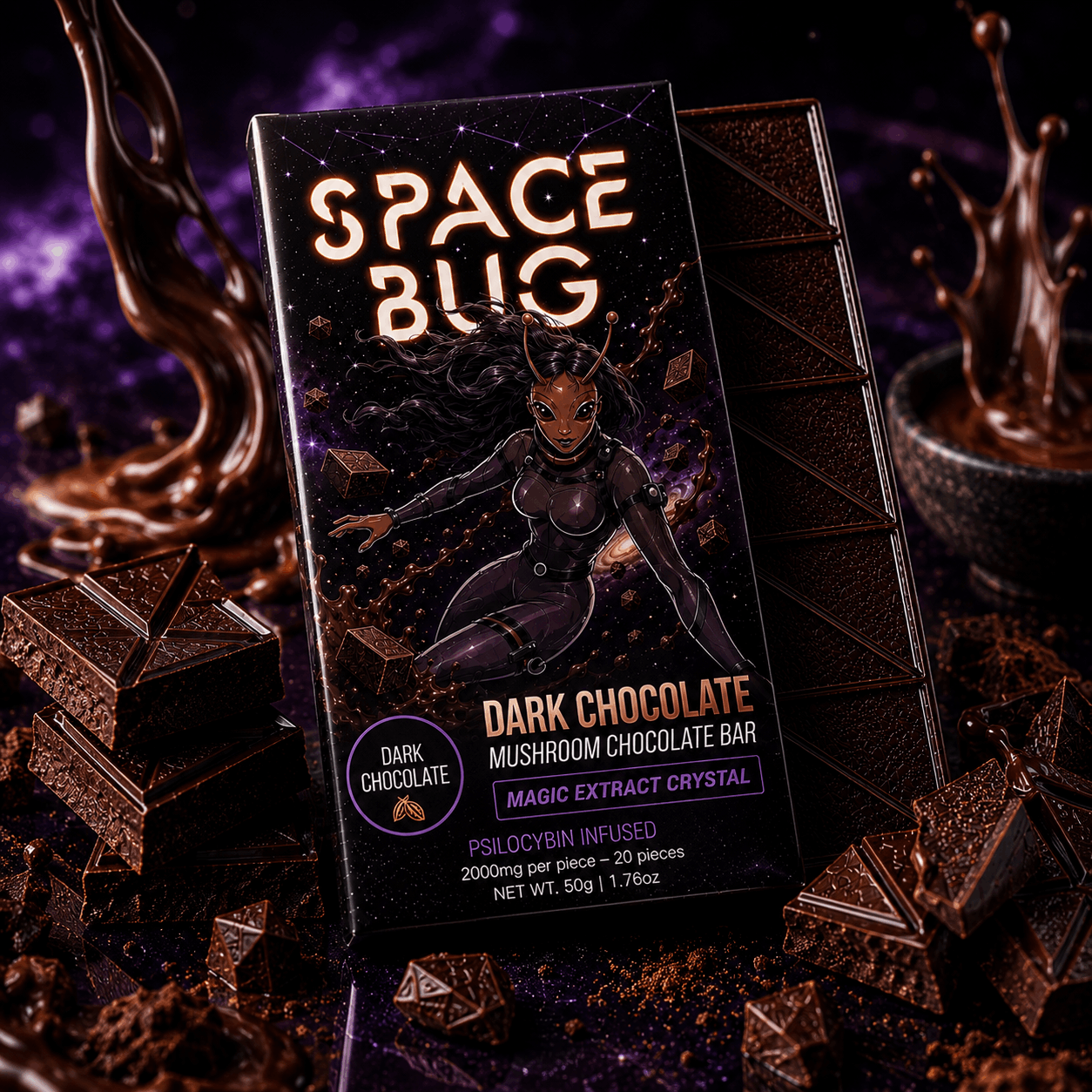 Dark chocolate bar and Space Bug Magic Extract Crystal