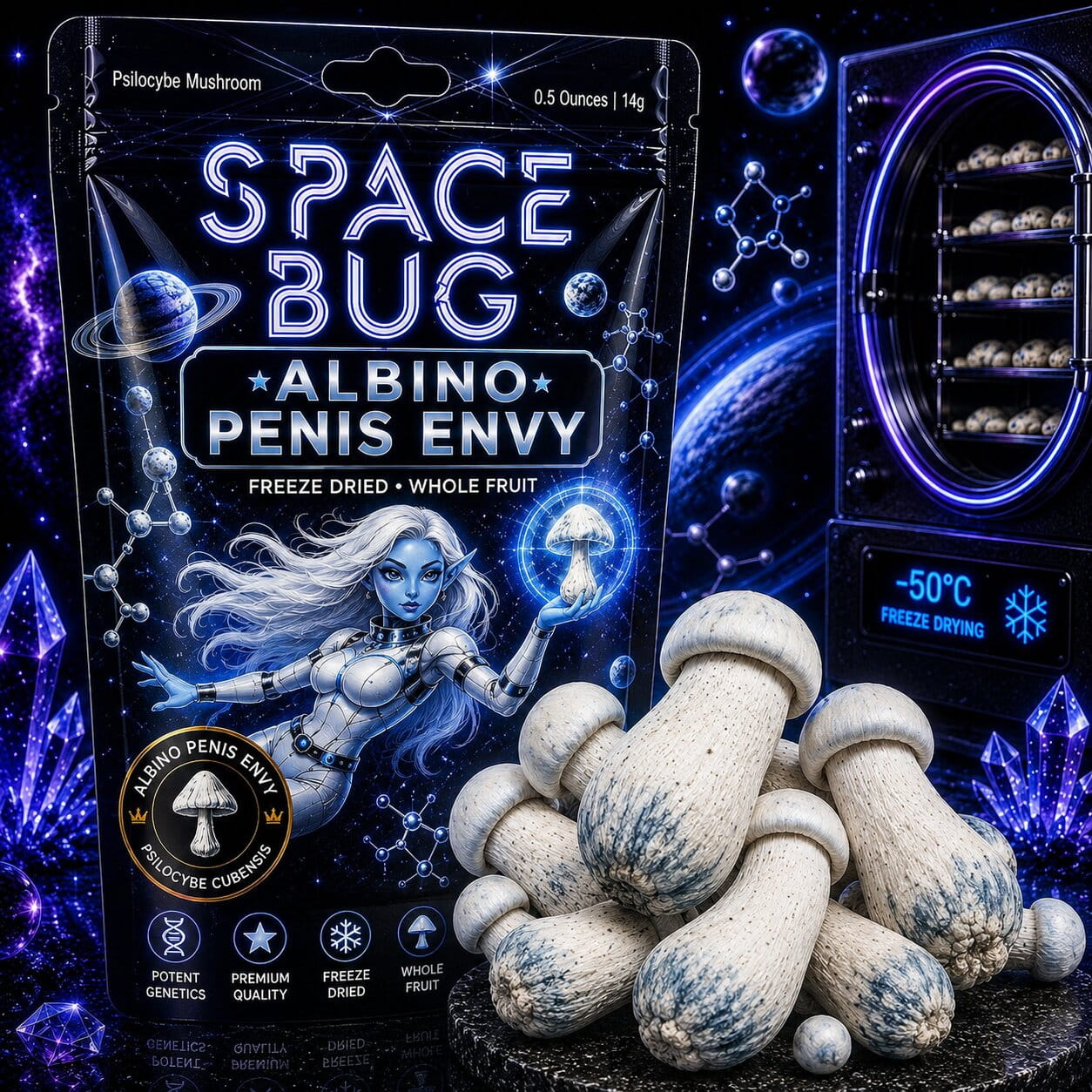 Freeze-dried Albino Penis Envy mushrooms