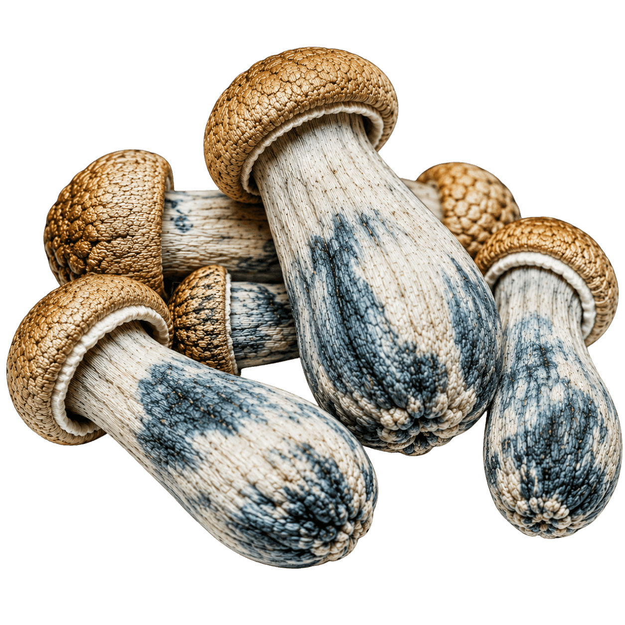 Code Blue mushrooms with pale stems and blue bruising