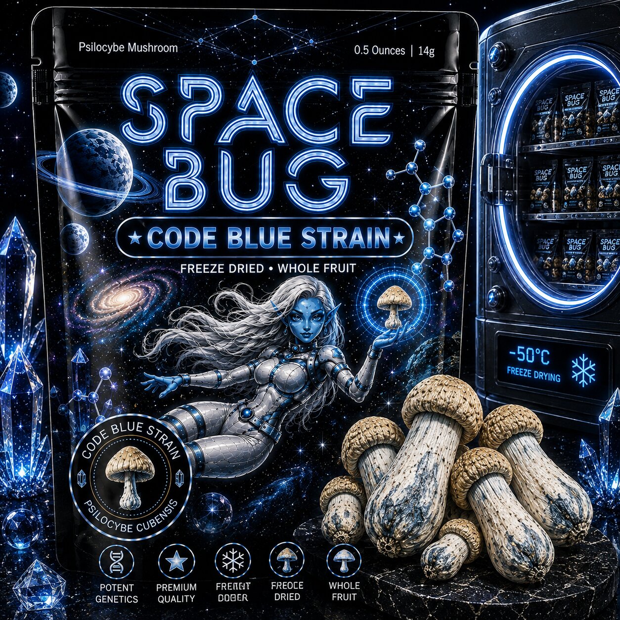 Close-up of freeze dried Code Blue mushrooms