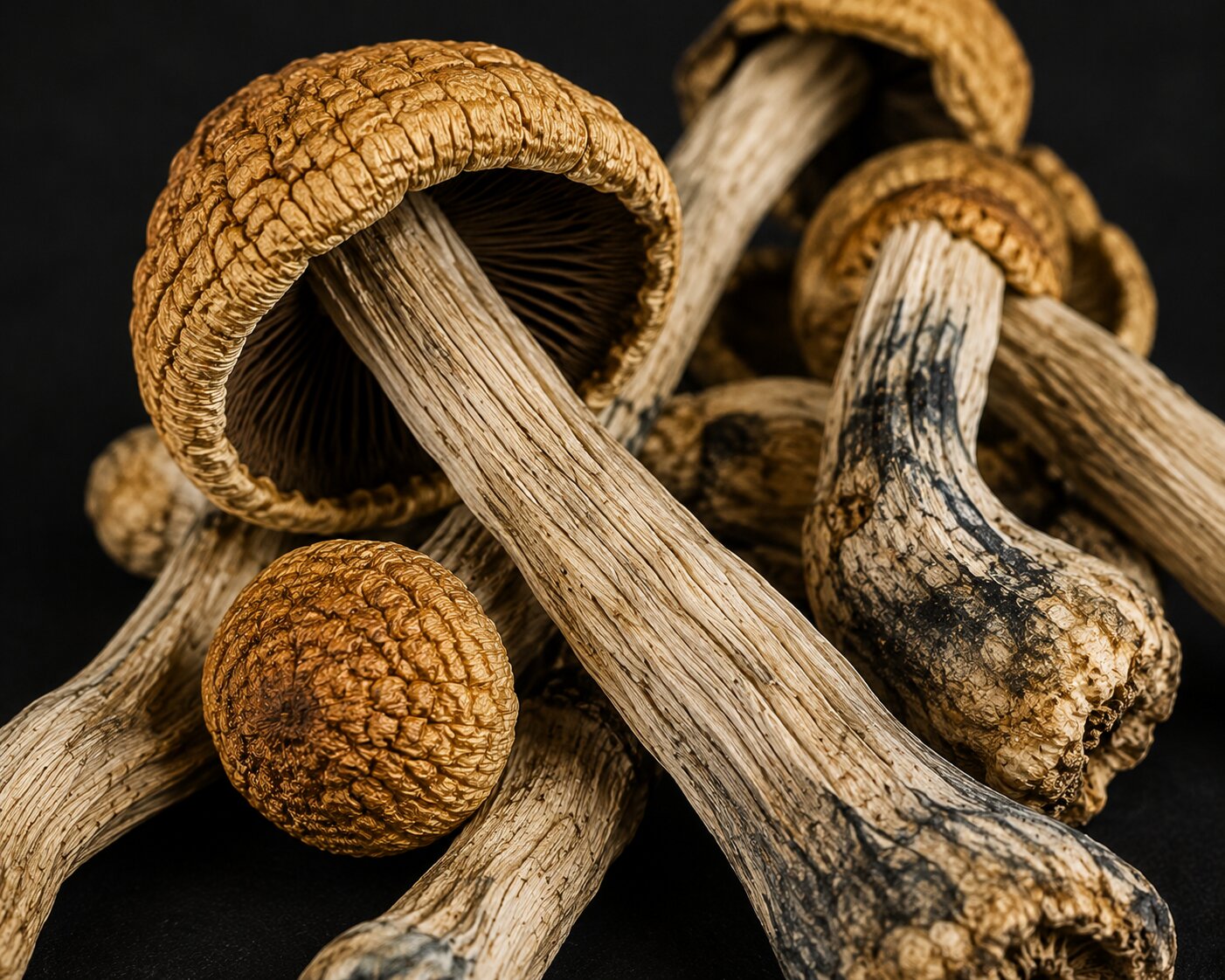 Dried Golden Teacher mushroom with golden cap and pale stem