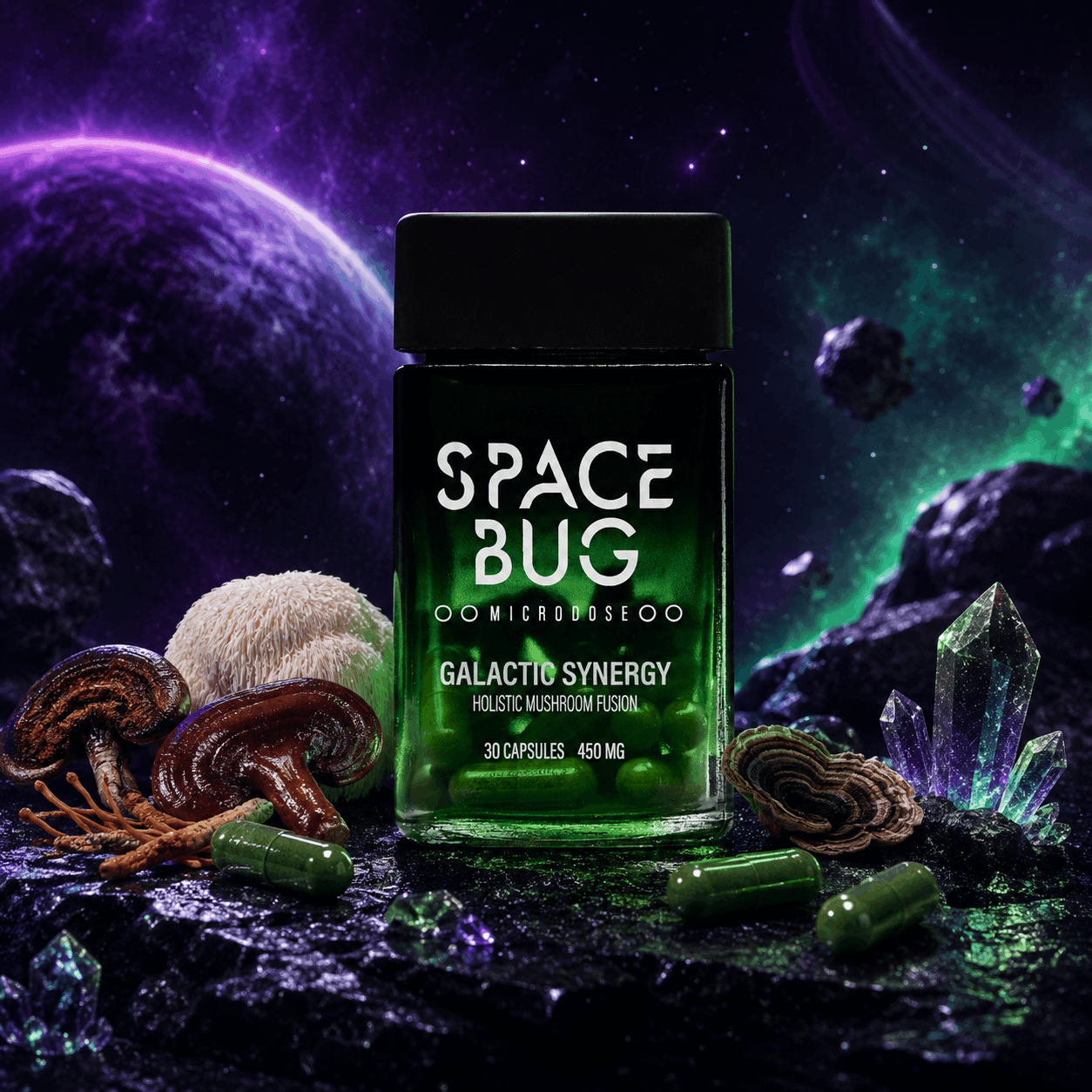 Close-up of Space Bug magic mushrooms capsules