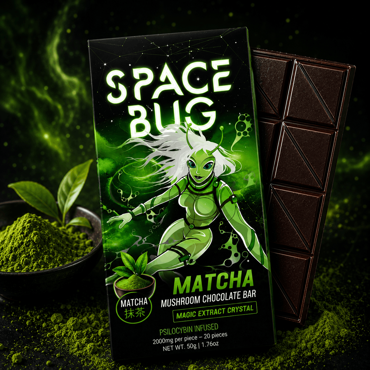 Matcha mushroom chocolate bar and Space Bug packaging