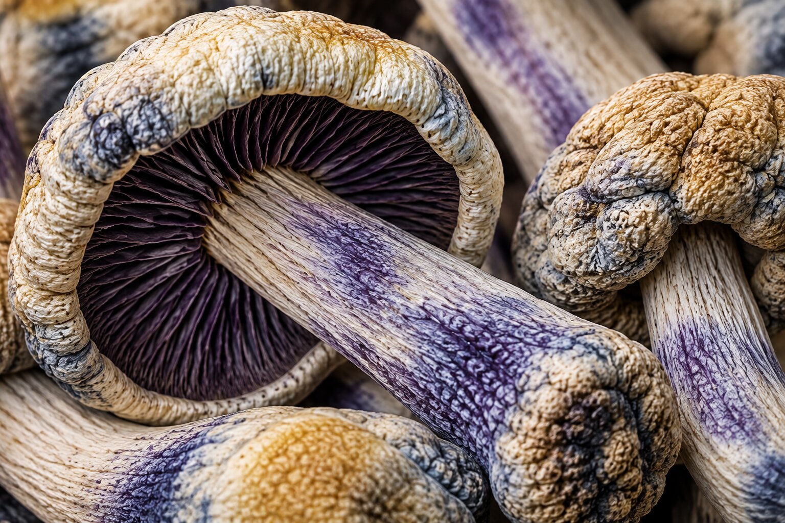 Melmac mushroom showing irregular stems and golden brown caps
