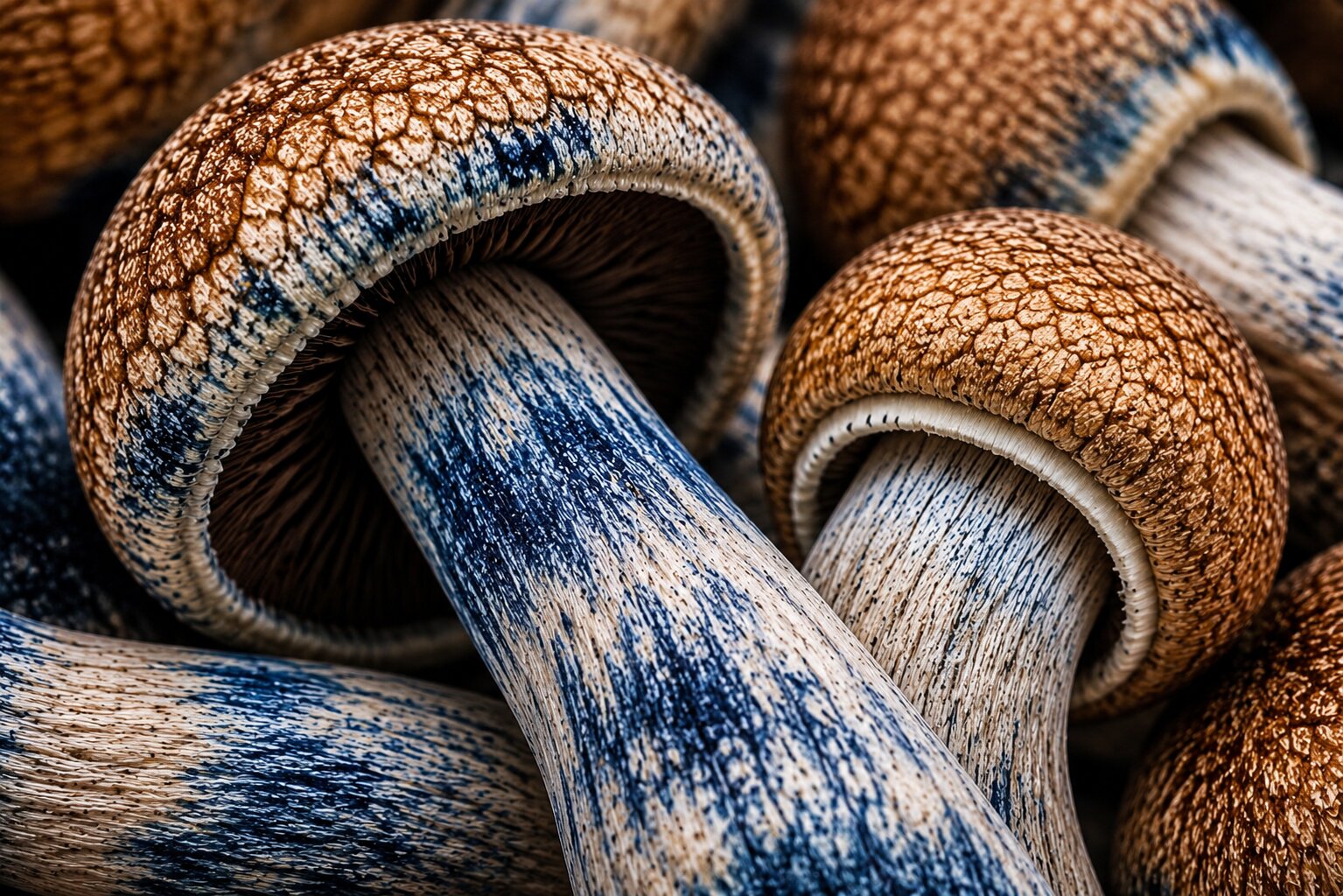 Mexican mushrooms with golden caps at different stages of maturity