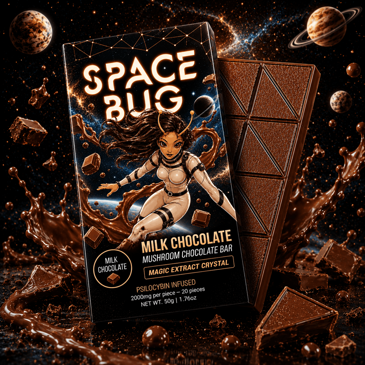Milk chocolate bar with Space Bug Magic Extract Crystal