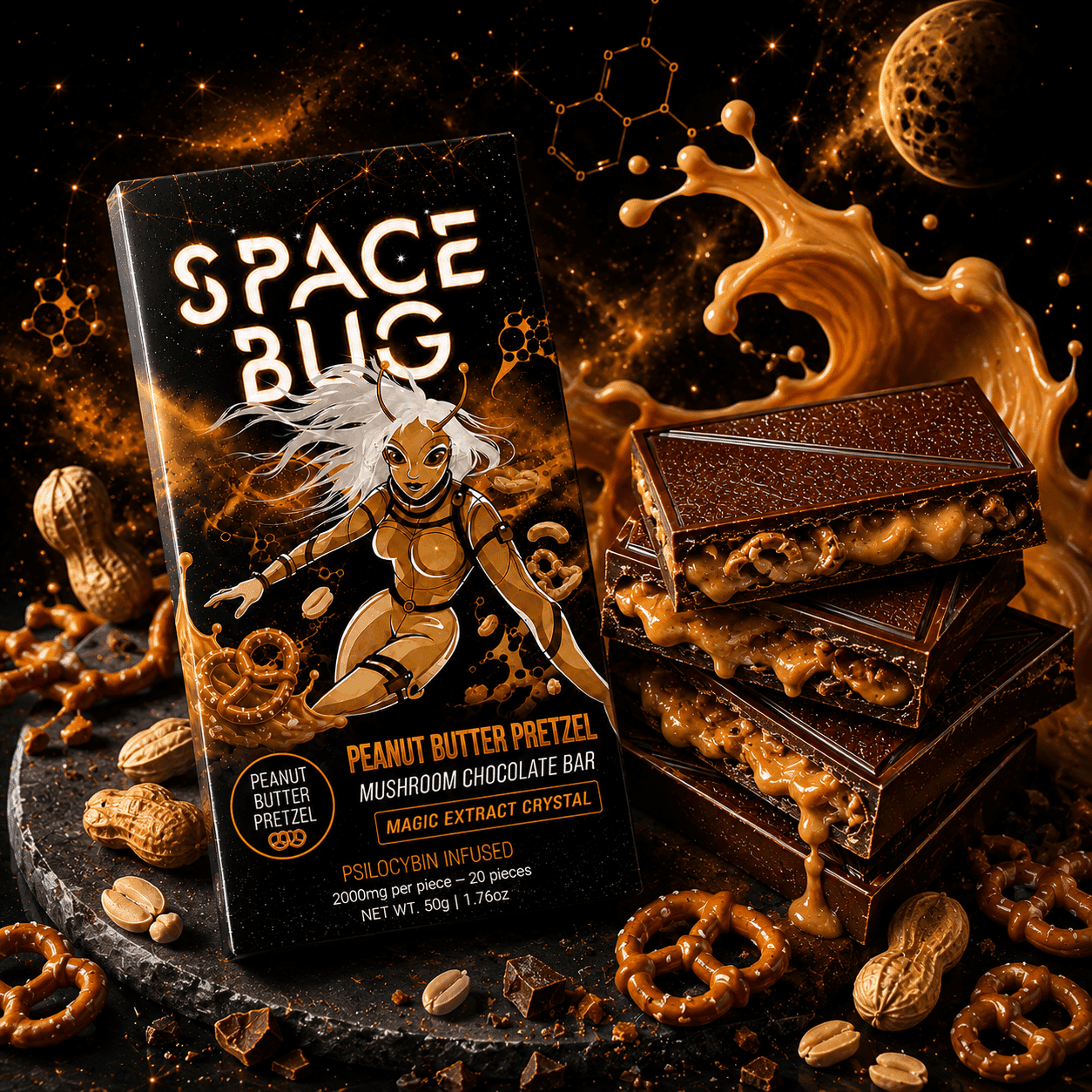 Space Bug Peanut Butter Pretzel Mushroom Chocolate Bar