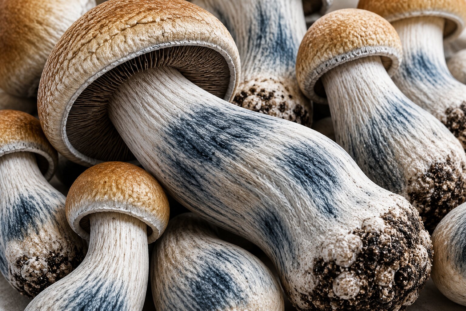 Penis Envy mushrooms with thick stems and compact mature caps