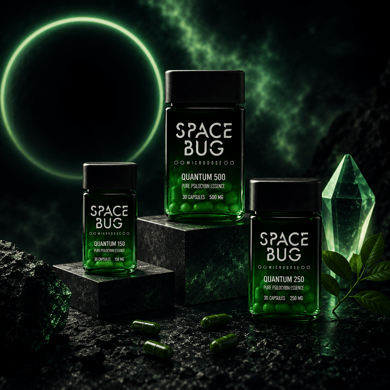 Close-up of Space Bug magic mushrooms capsules