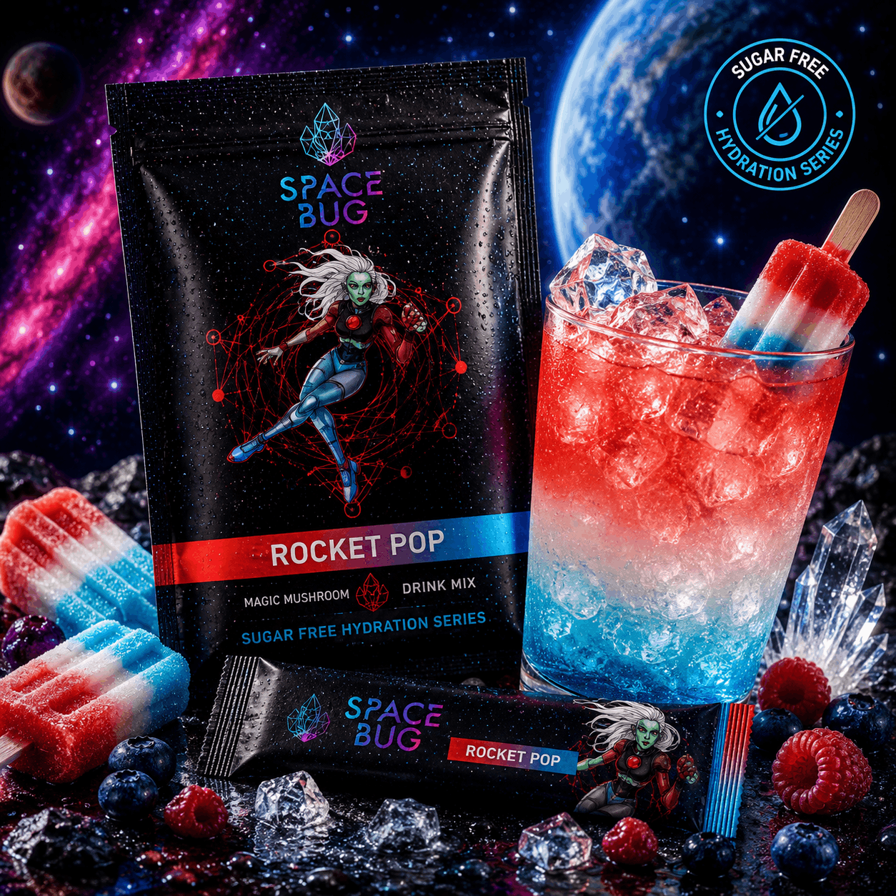 Rocket Pop sugar-free mushroom tea alternative mixed with water