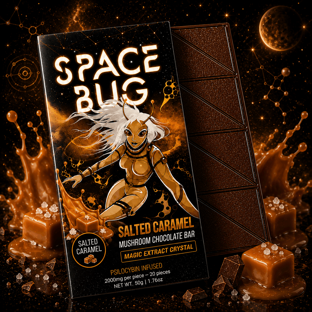 Salted caramel chocolate bar with Space Bug packaging
