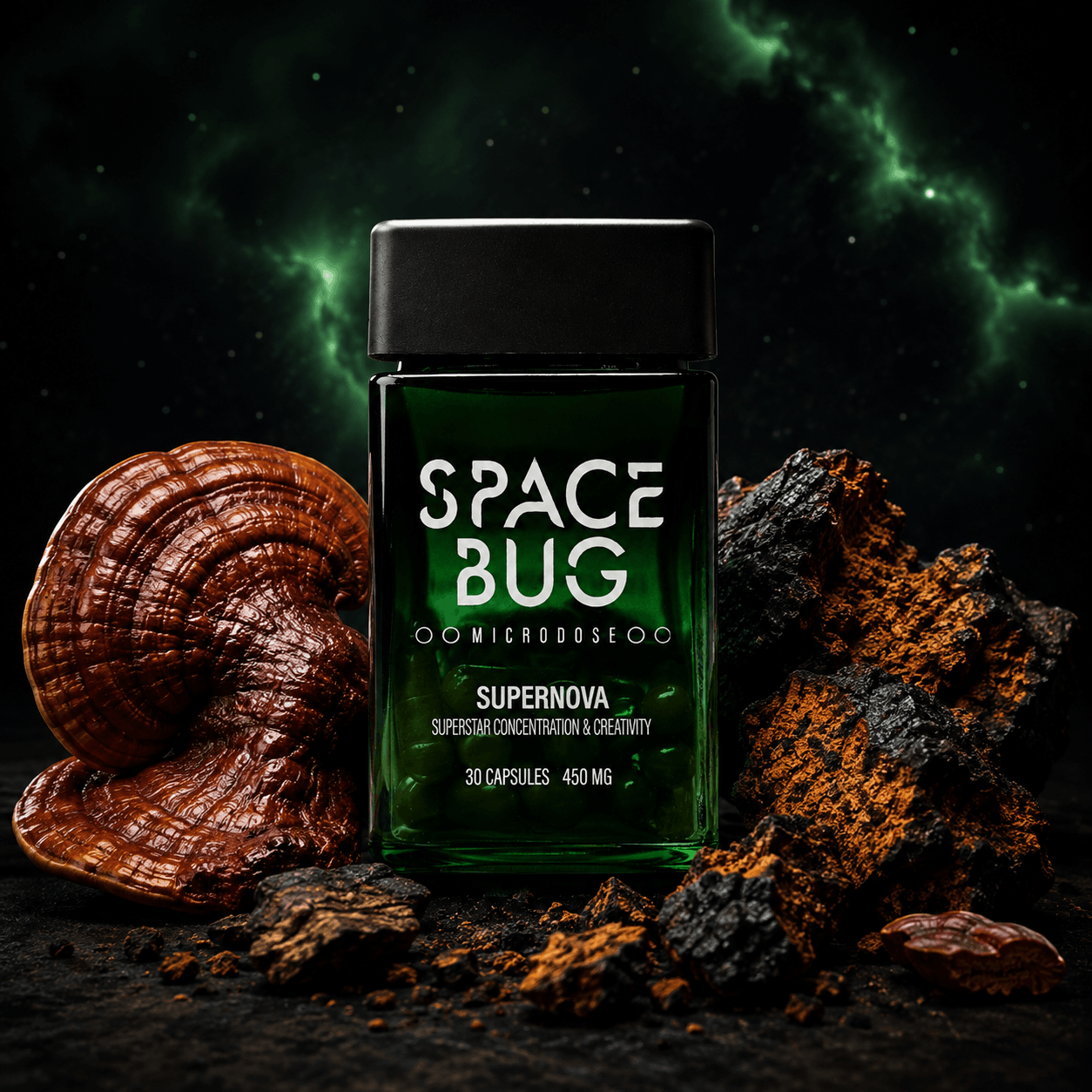 Close-up of Space Bug magic mushrooms capsules