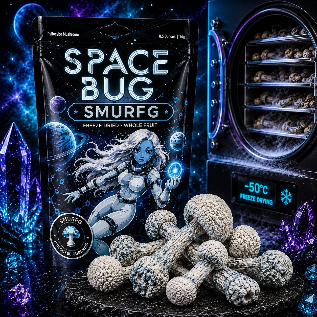Close-up of freeze-dried Smurf mushrooms